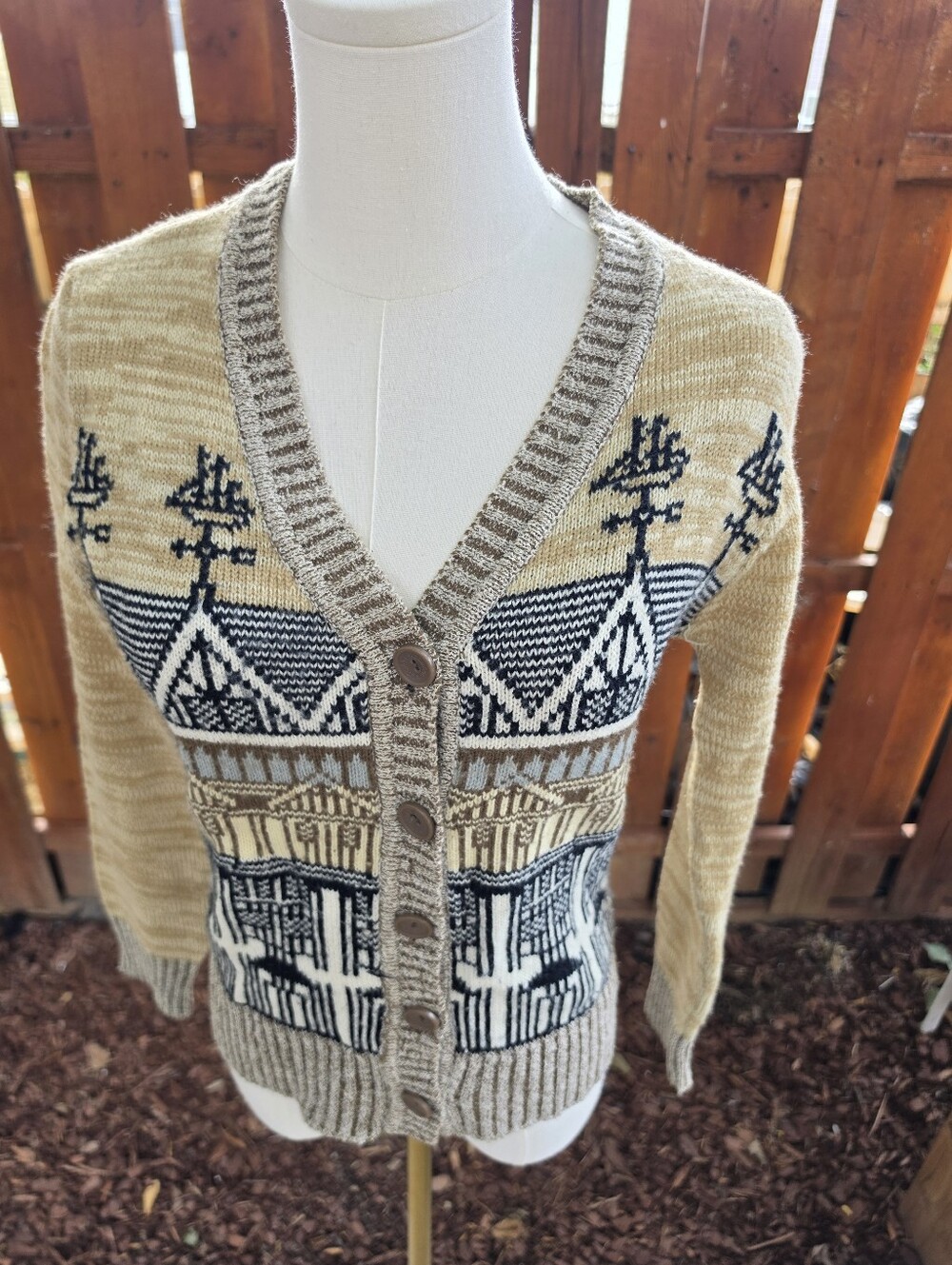 Vintage Womens Printes V Neck Button Down Preppy Cardigan Sweater
